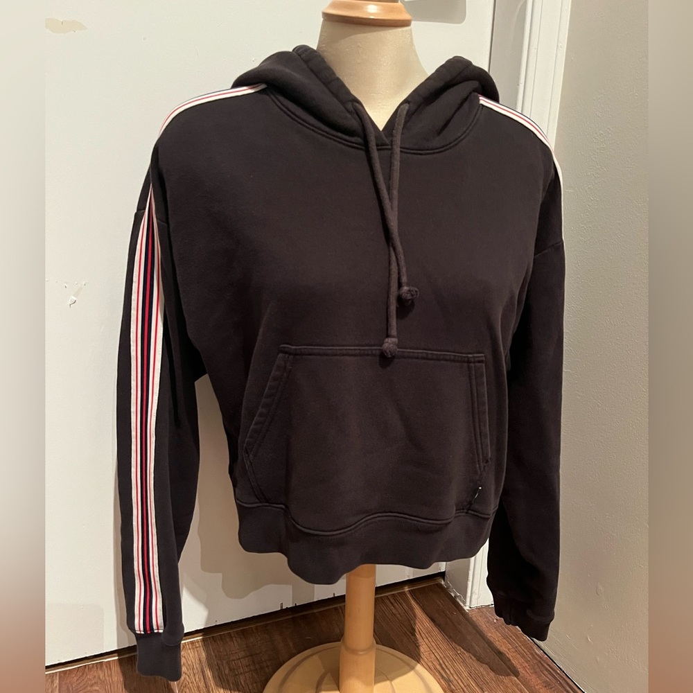 Black TNA Iconic cropped Hoodie with Striped Sleeves. Womens size Small.